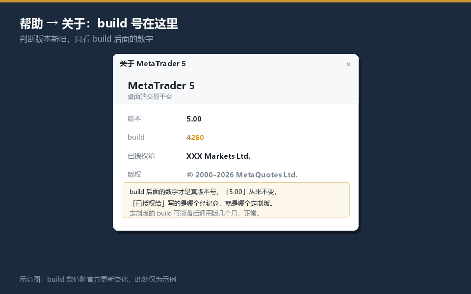 MT5帮助关于窗口：build号与已授权给经纪商的位置